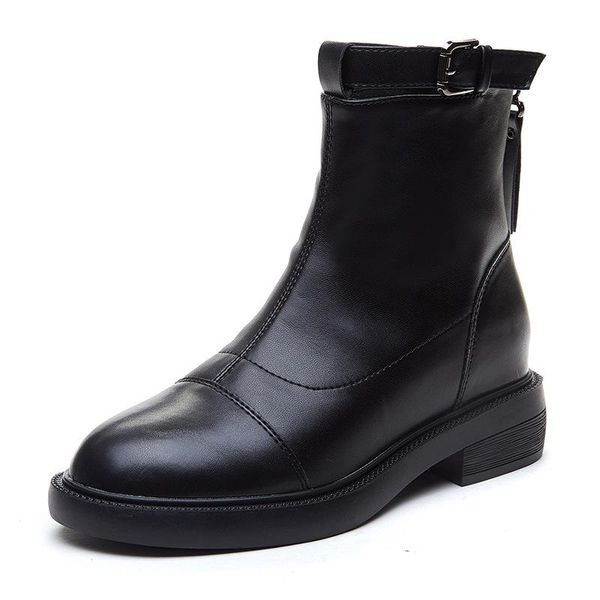 

boots elastic women ankle buckle back zipper height increasing motorcyle winter plush round toe sewing, Black