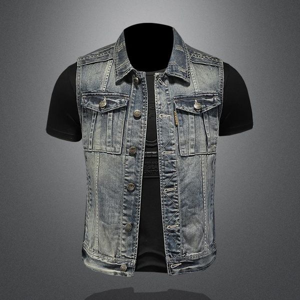 

men's vests european retro denim vest men plus size 4xl simple sleeveless slim fit jacket cotton soft button coats ripped waistcoat, Black;white