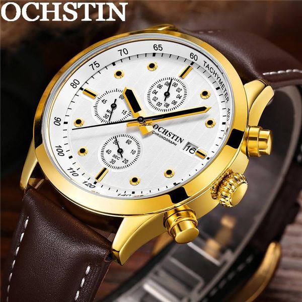 

wristwatches ochstin man wristwatch chronograph calendar sport male clock military army genuine leather men quartz watch 04, Slivery;brown