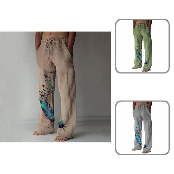 

men's pants vintage stylish bird pattern mid waist long printed for home, Black