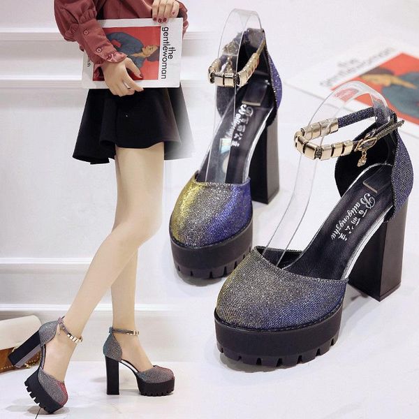 

sandals fashion color-changing sequins all-match thick heel 12cm women one-word buckle round head super high, Black