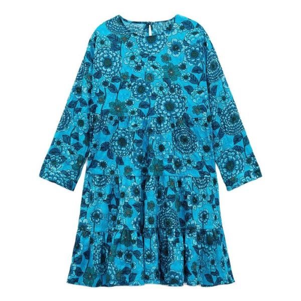 

casual dresses diyig woman 2021 summer women's clothing fashion retro elegant round neck long sleeve flower printing laminated blue dre, Black;gray