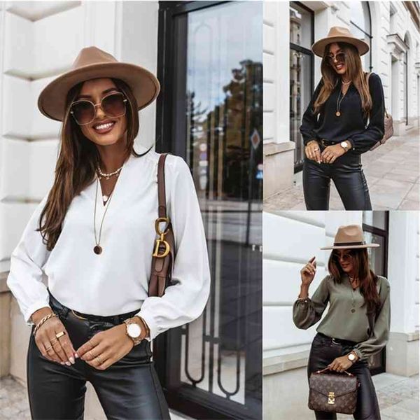

autumn and winter long-sleeved solid color v-neck fashion simple ladies casual black white pullover women blouse oversized 210517