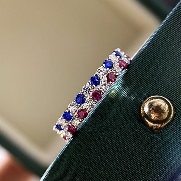 

elegant 925 sterling silver thin row red bule mix zircons sapphire niche design ring personality luxury small diamond women cluster rings, Golden;silver
