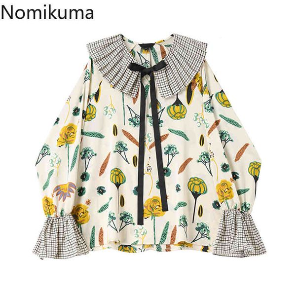 

nomikuma women doll shirt korean floral blouse plaid patcwork bow tie pater pan collar spring new flare sleeve blusas 6f935 210427, White