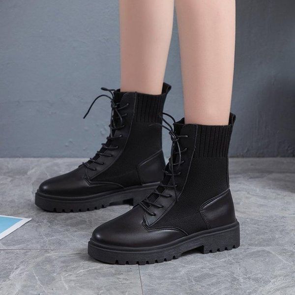 

boots women's 2021 elastic flying knit single mid-tube thick-soled shoes locomotive autumn and winter, Black