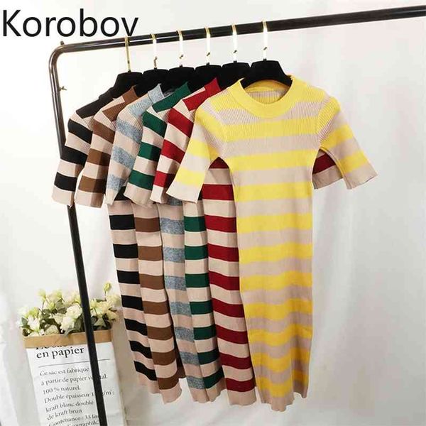 

korobov autumn short sleeve o neck knit dress preppy style slim striped dresses korean vintage midi vestidos femme 210430, Black;gray