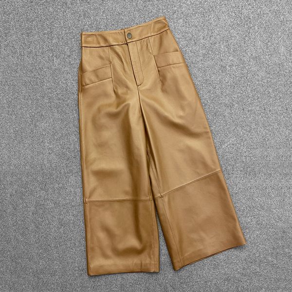 

women's pants & capris 2021 spring genuine leather designer of women slacks high leg quality lamb royal ninth c289, Black;white