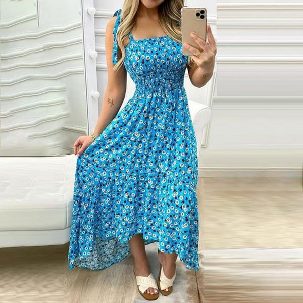 

casual dresses summer backless off shoulder bow long dress women print ruched elastic waist ruffle beach party irregular spaghetti, Black;gray