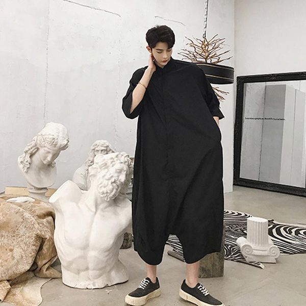

men's tracksuits summer trousers five point silhouette casual pants loose long sleeve one piece standing collar straight tube fashion, Gray