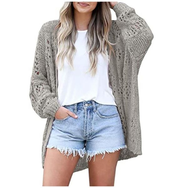 

women's knits & tees 2021 brand knitted cardigan product in spring and summer solid color hollow out loose large sweater for women, White