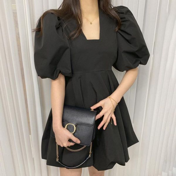 

casual dresses [ewq] 2021 spring female elegante square collar solid color short puff sleeve minimalist white back a-line dress 8p102, Black;gray