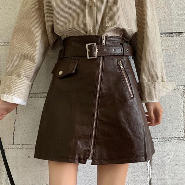 

skirts 2021 spring and autumn women's high waist was thin pu leather a-line skirt package hip, Black