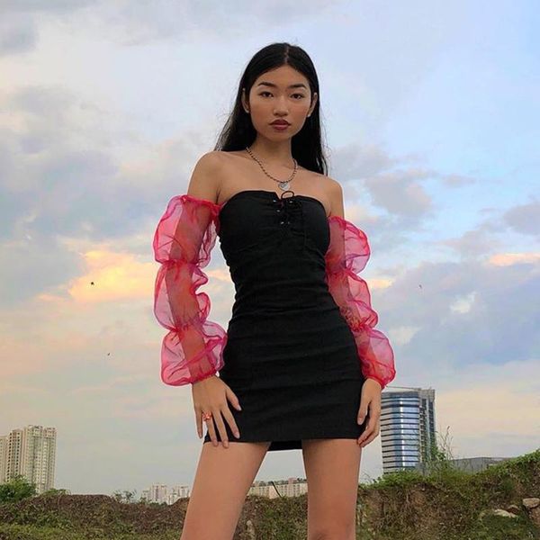 

casual dresses autumn 2021 women's fashion long sleeve black and red dress lace vintage woman clothes feminina roupa, Black;gray