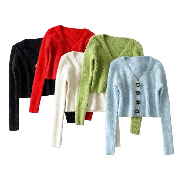 

women's knits & tees sweet candy color cropped cardigan sweater all-match v-neck vintage buckle high waist fluffy long sleeve small top, White