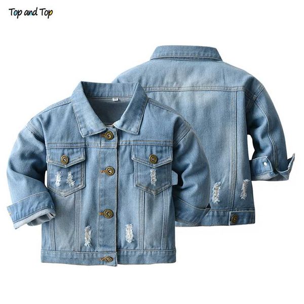 Top e Top Primavera Outono Kids Casual Jaqueta Meninas rasgadas Buracos Jeans Casacos Meninos Meninos Meninas Denim Outerwear Traje 12M-6Y 211023