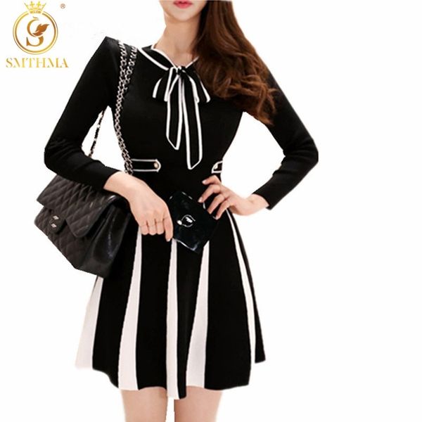 

arrival korean style temperament color patchwork lace up bow knitted sweaters dress women winter 210520, Black;gray