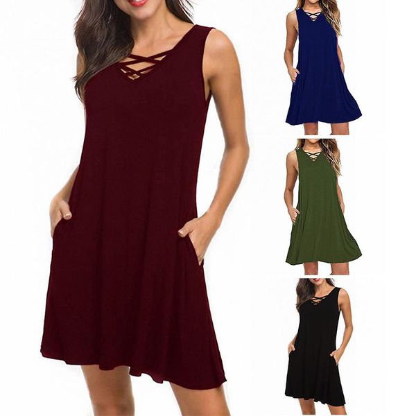 

casual dresses women's fashion summer sleeveless v-neck belt t-shirt dress, Black;gray