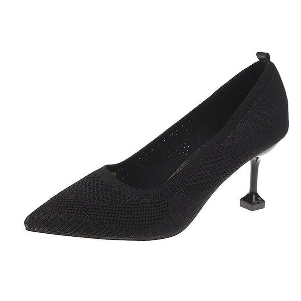 

dress shoes high heels female 2021 autumn the wild shallow mouth women's work pointed stiletto knitted, Black