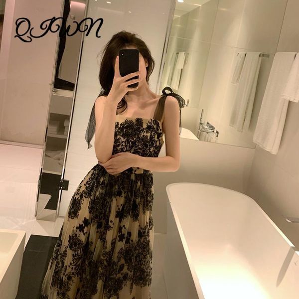 

casual dresses summer vintage elegant women suspender bandage backless black club long dress brand luxury mesh embroidery clothes z7w7, Black;gray