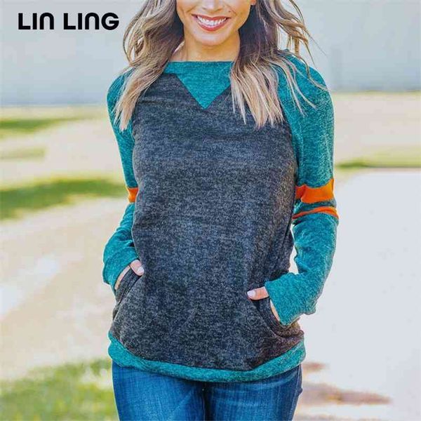 

striped t shirt autumn loose pocket long sleeve shirt women o-neck casual oversized t-shirt blue plus size korean tshirt tee 210401, White