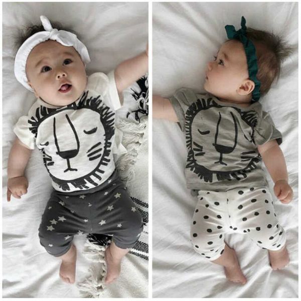

summer sets cotton short sleeve lovely lion trousers two-piece suit baby boy clothing set, White