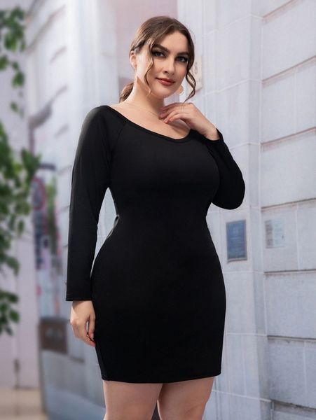 

plus raglan sleeve bodycon dress v0va#, Black
