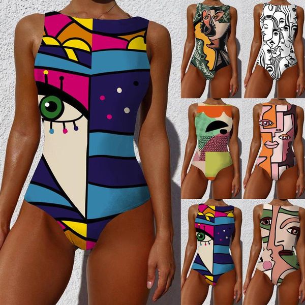 

halter print 2021 women one piece swimsuit swimwear female brazilian bathing suits bodysuit beach wear backless monokini women's, White;black