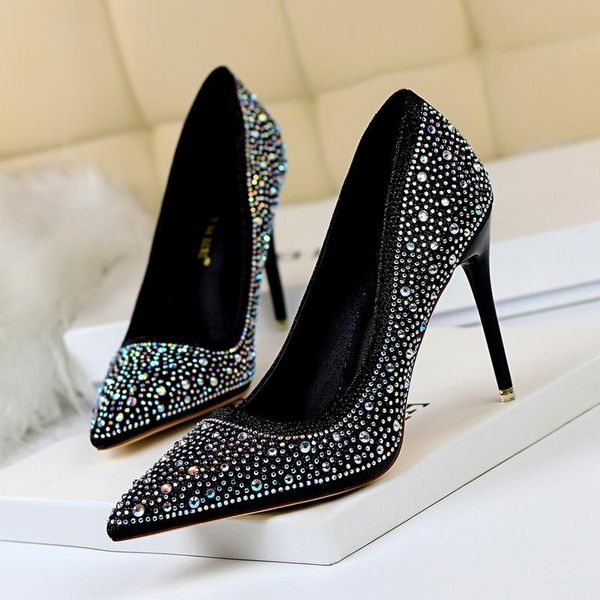 

dress shoes 2021 elegant women glitter crystal thin high heels bride pumps white silver pink tacones cinderella wedding big size, Black