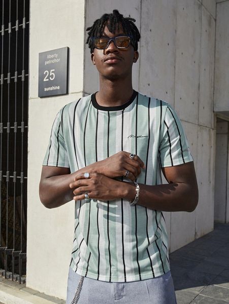 

men letter & striped print round neck t-shirt l9jb#, White;black