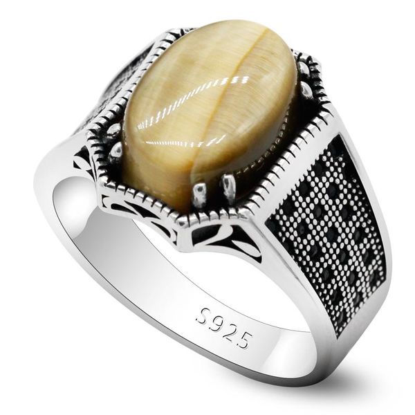 

cluster rings natural stone ring men's 925 sterling silver gold tiger eye vice spinel antique hold lucky women's turkis, Golden;silver