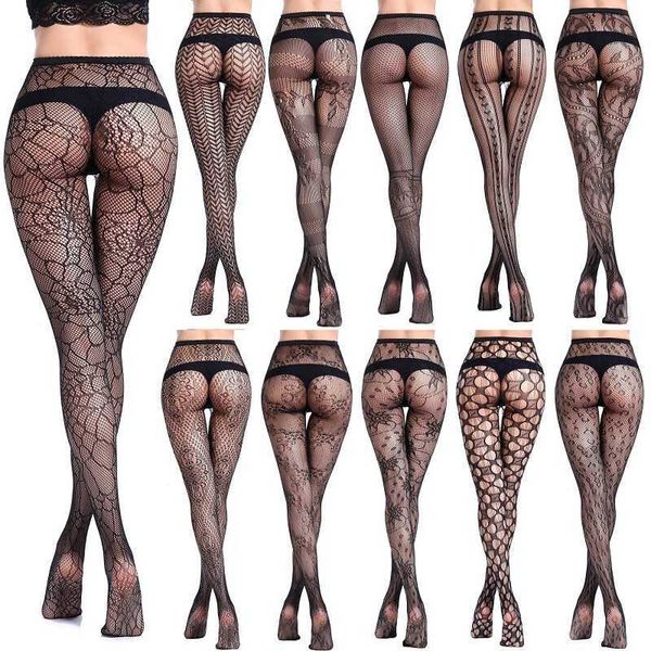 Calze nere per le donne Sexy coscia alta calze a rete in nylon calze lunghe cavallo aperto femminile leggings lingerie jacquard X0521