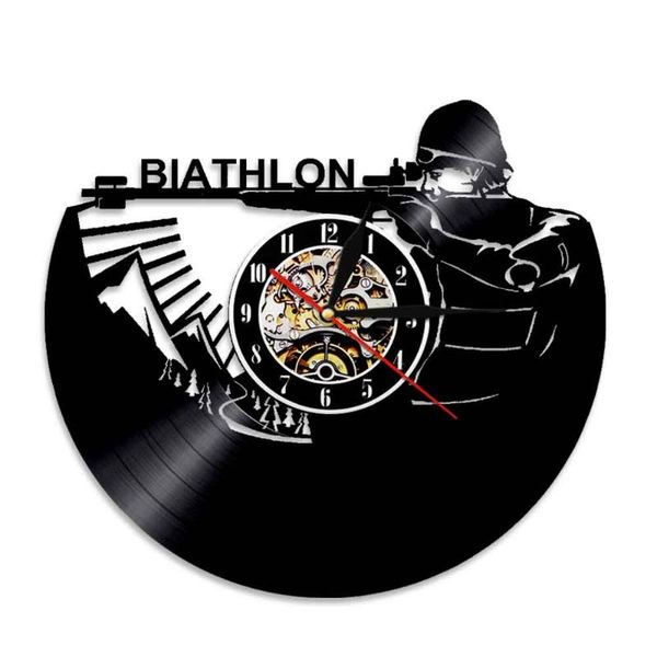 

biathlon vintage record wall clock modern sport theme led lamp watch non-ticking quartz clocks gift for soldier
