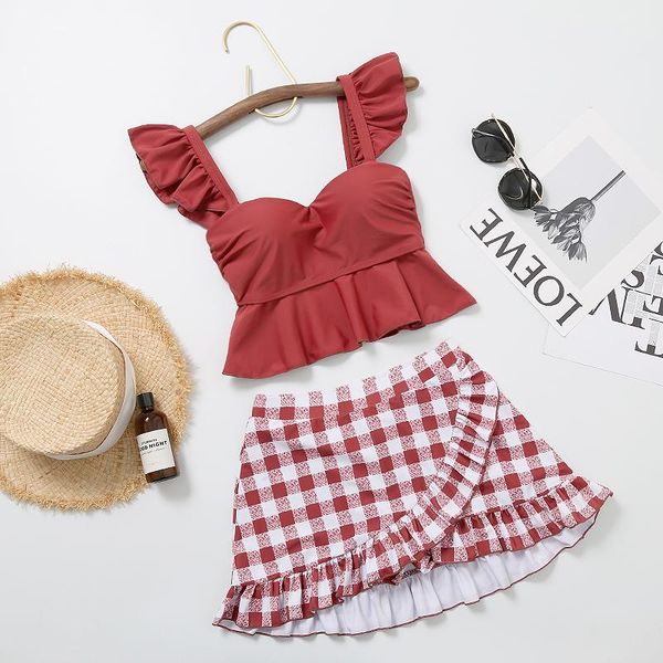 

one-piece suits korean women two pieces swimsuit ruffled flounce plaid bottom bikinis push up plus size bathing suit beach japanese swimwear