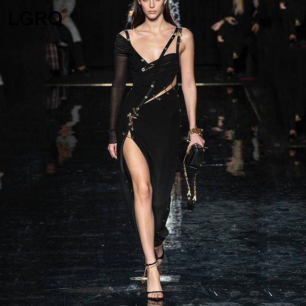 

casual dresses [lgrq] black long sleeve one shoulder open fork bandage cocktail party dress fashion autumn winter 2021 19d2794, Black;gray