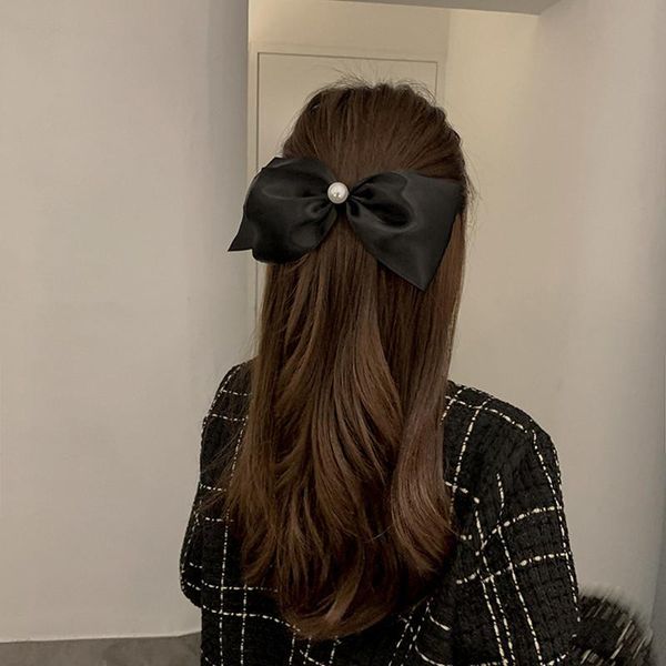 

korean style simple black ribbon satin bow hair clip sweet elegant imitation pearl barrette grip pin for women girls accessories