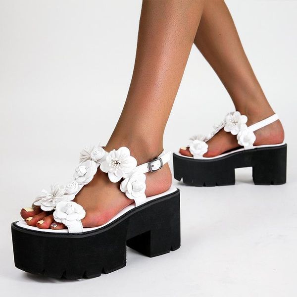 Sandalen Damenplattform Peep Toe 3D Blumen Chunky Ferse T-Riemen Schuhe Punk Gothic Schwarz Weiß 2022
