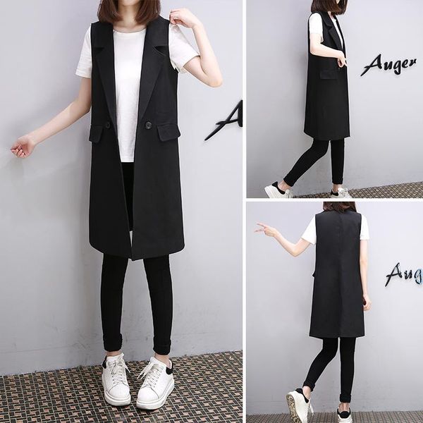 

women's vests 2021 women summer spring casual solid blazer vest lady button notched sleeveless long female vintage pockets waistcoat co, Black;white