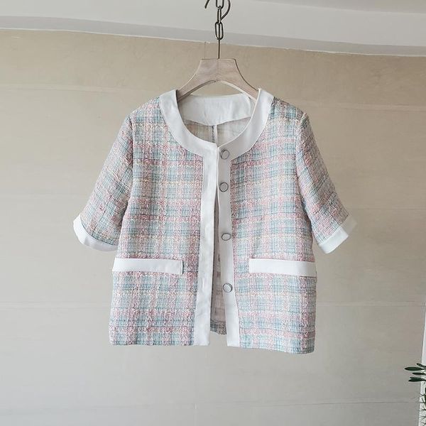 

women's jackets plaid tweed coats women o-neck short sleeve elegant woolen single breasted summer outwear pockets 2021 c418, Black;brown