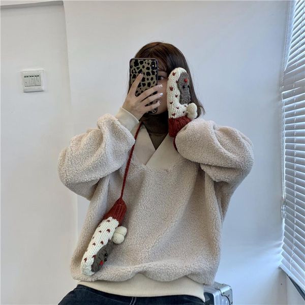 

women's hoodies & sweatshirts lazy v-neck lamb fur loose sweatshirt, Black