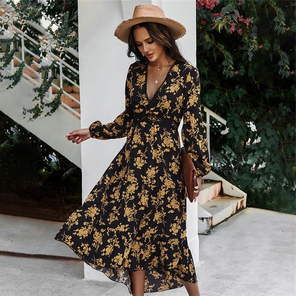

v neck print casual full sleeve high waist long floral spring summer dress for women new fashion, Black;gray