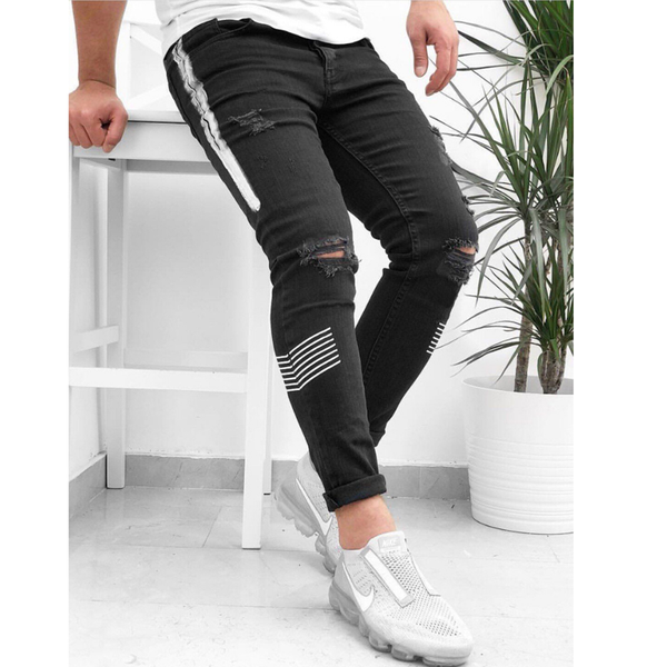 

summer chic mens jeans skinny ripped destroyed stretch slim fit hip hop pants with holes for print fashion biker mens trousers, Blue