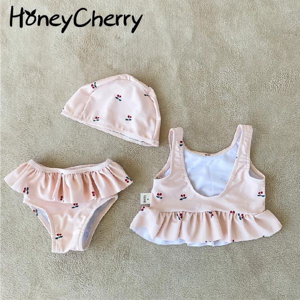 

one-pieces baby children separate swimsuit swimming cap girl cherry beach holiday kids swimwear for girls, Black