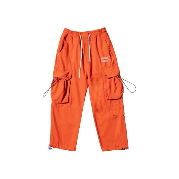 

large pocket cargo trousers drawstring straight hip hop casual pants simple high street couple clothing men's, Black