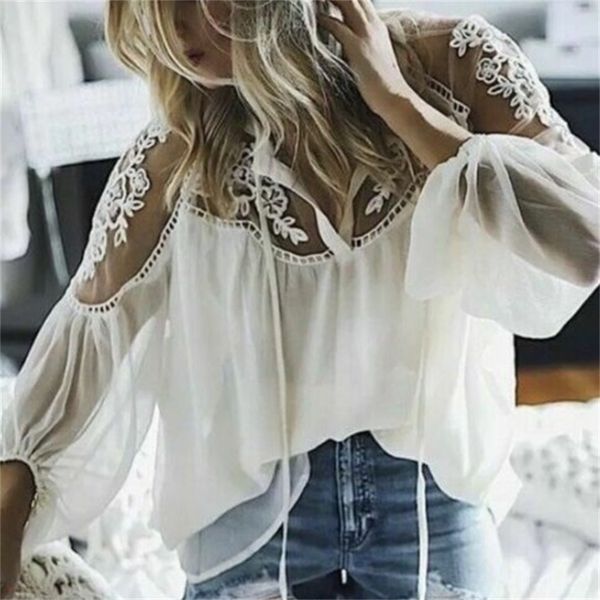 Inspirado Branco Chiffon Blusa Mulheres Bordado Senhoras Tops Túnicas Transparentes Mulheres Tops Plus Size Moda Blusa Novo 210412