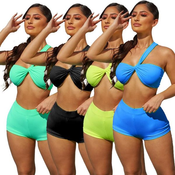 

knitted two peice club outfits backless crop biker shorts for women summer swimsuit beachwear matching sets women's tracksuits, Gray