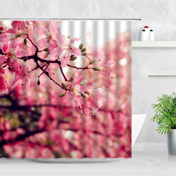 

shower curtains spring landscape pink flowers trees plants pastoral scenery waterproof fabric screens decor bathroom curtain set