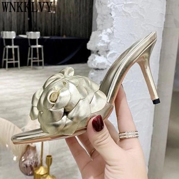 

gold red petal high heel flower slippers women leather open toe formal slides summer party shoes female beach flipflops, Black