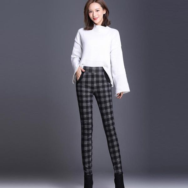 

women's pants & capris 2021 women plaid pencil full length high waist winter warm stretchable wool trousers plus size 3xl 4xl 5xl 7xl 9, Black;white