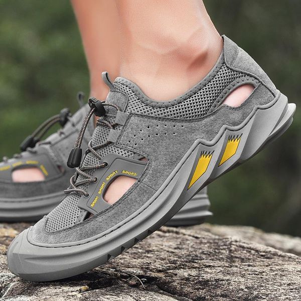 

sandals mens summer genuine leather + mesh men designer shoes outdoor zapatos de hombre erkek ayakkabi, Black